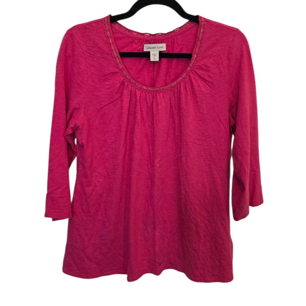 Coldwarer Creek Large 100% Cotton Round Neck Hot Pink Tee